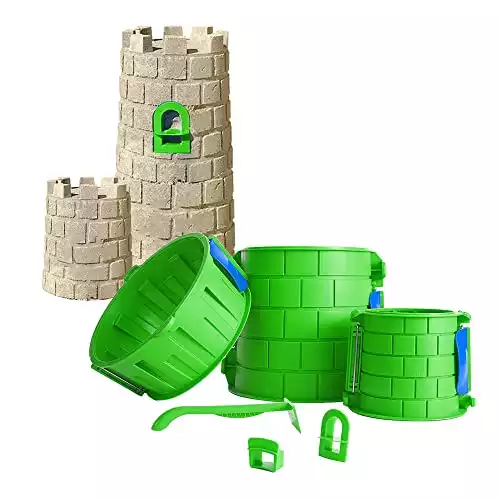 Create A Castle Sandcastle Kit, 6 Piece Outdoor Beach, Snow or Sandbox Toy Set, Portable Mesh Storage Backpack. Pro Green